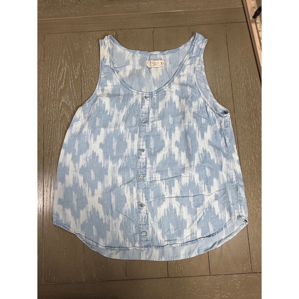 Chambrai‎ Los Angeles Tank Top Tencel Womens  Large Blue Ikat Print Button Front